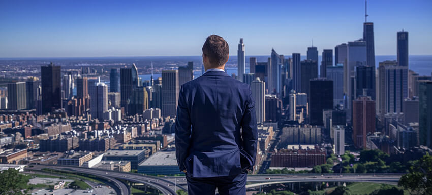 Man in suit looking at buildings